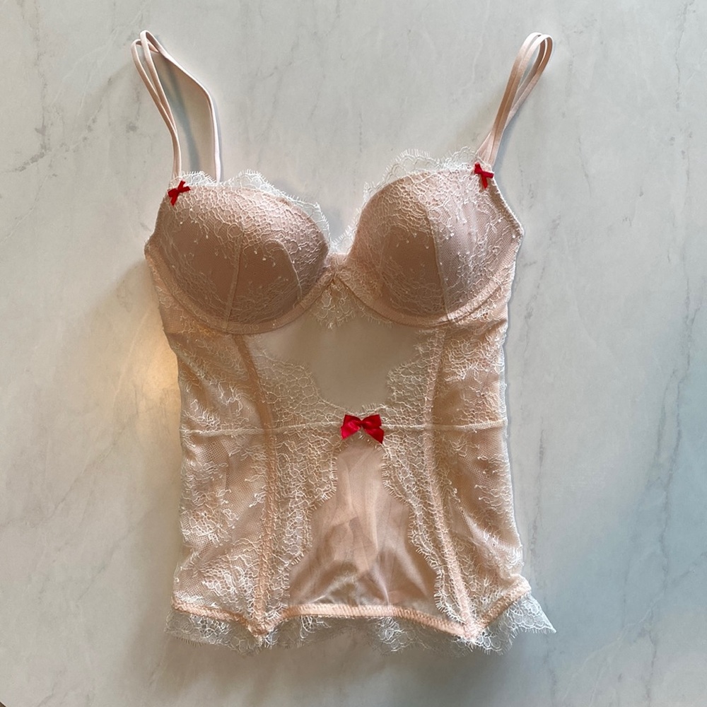 Victoria Secret Corset Bustier Pink Floral Embroidered Sheer Lace 34C